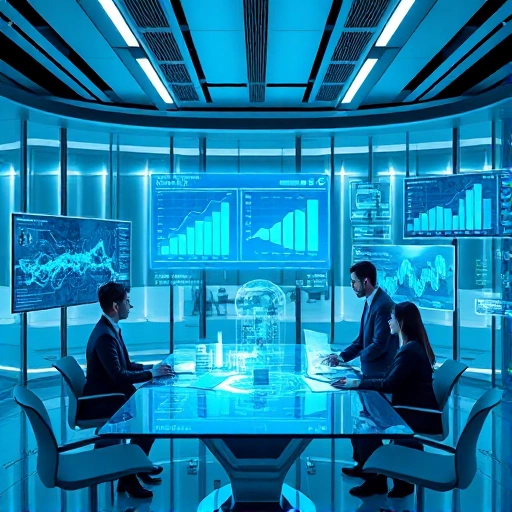 A modern business office with digital screens showing data analytics, holographic charts, and professionals in business attire collaborating around a glass table, with subtle futuristic elements like floating interfaces and soft blue ambient lighting, symbolizing the impact of tuvpoliteh technologies on business efficiency and innovation