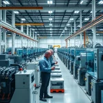 A modern industrial facility with advanced machinery, engineers collaborating on production development, and a clean, professional environment reflecting technological progress and innovation in manufacturing