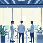 A modern, professional illustration of a technology company named TuVPoliteh, showing engineers collaborating in a bright, high-tech office with digital screens displaying data analytics, circuit diagrams, and clean energy solutions, symbolizing effective and innovative engineering solutions