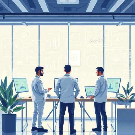 A modern, professional illustration of a technology company named TuVPoliteh, showing engineers collaborating in a bright, high-tech office with digital screens displaying data analytics, circuit diagrams, and clean energy solutions, symbolizing effective and innovative engineering solutions