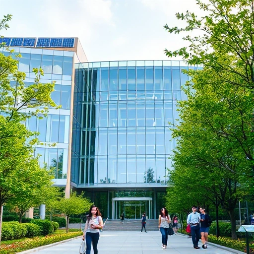 A modern, high-tech university campus building with sleek glass facades and solar panels, surrounded by green trees and students in casual clothing walking or studying outdoors, symbolizing quality and innovation in education, soft natural lighting, realistic photography style