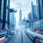 A futuristic cityscape with advanced technology, including flying vehicles, holographic displays, and sleek modern architecture, symbolizing technologies of the future, in a clean, high-detail style