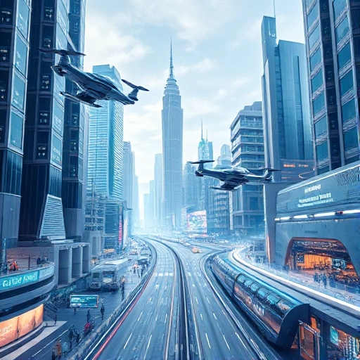 A futuristic cityscape with advanced technology, including flying vehicles, holographic displays, and sleek modern architecture, symbolizing technologies of the future, in a clean, high-detail style