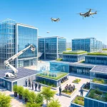 A futuristic engineering campus with modern glass buildings, solar panels, robotic arms assembling structures, diverse engineers in smart uniforms collaborating around holographic blueprints, flying drones delivering parts, lush green rooftop gardens, and a clear blue sky — all in a clean, high-detail, smallHQ style