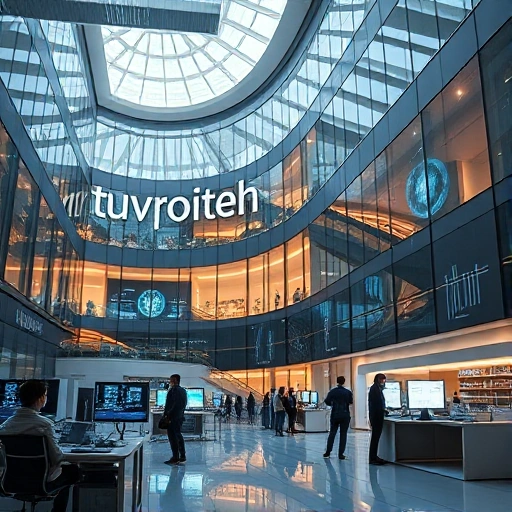 A modern university campus building with the text 'tuvpoliteh' subtly integrated into the architecture, showing students collaborating in high-tech labs with glowing data visualizations on screens, symbolizing performance improvement through innovation and education, clean futuristic design, soft natural lighting, no visible text or letters in the image