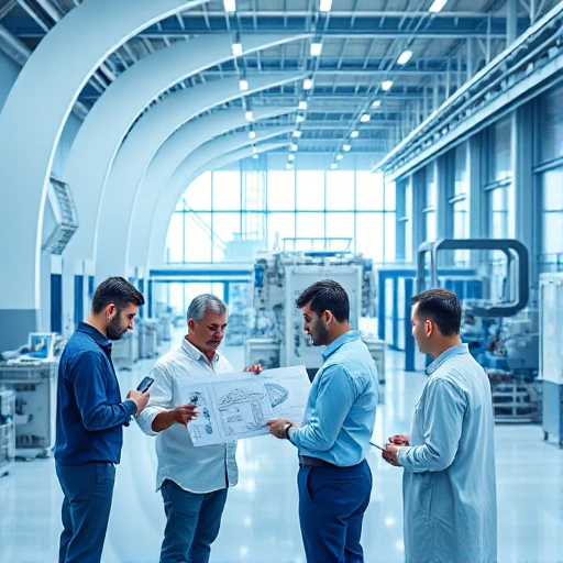 A modern engineering research and development facility with sleek architectural design, engineers in professional attire reviewing blueprints and 3D models on digital screens, advanced machinery and testing equipment in the background, clean technical environment with blue and gray color scheme, conveying innovation and precision in engineering projects