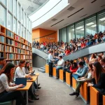 A modern university campus with students studying in a bright library, collaborating on laptops, and attending a lecture hall with diverse young people, symbolizing academic success and innovation at TuvPoliteh