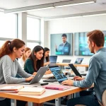 A modern educational scene showing diverse students collaborating in a bright, tech-equipped classroom with laptops, books, and interactive displays, symbolizing learning and development at a technical university