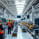 A modern industrial factory interior with engineers in safety gear monitoring automated production lines, robotic arms assembling components, digital displays showing real-time data, clean and efficient workflow, bright natural lighting from skylights, sleek metallic surfaces, high-tech atmosphere, no text or signage visible