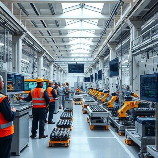A modern industrial factory interior with engineers in safety gear monitoring automated production lines, robotic arms assembling components, digital displays showing real-time data, clean and efficient workflow, bright natural lighting from skylights, sleek metallic surfaces, high-tech atmosphere, no text or signage visible