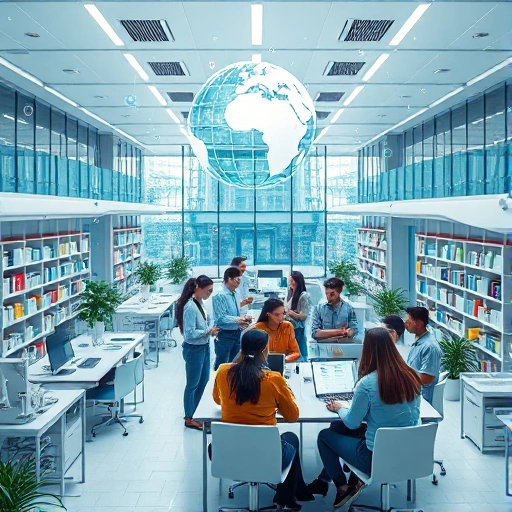 A modern university campus with diverse students collaborating in a high-tech lab, surrounded by global symbols like interconnected networks, floating data streams, and subtle icons representing innovation and education, all in a clean, futuristic aesthetic