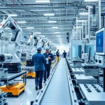 A modern industrial automation scene showing engineers working with robotic arms, conveyor belts, and digital control panels in a high-tech factory environment, with subtle Cyrillic-inspired design elements in the background suggesting 'tuvpoliteh' as a conceptual brand or institution, clean lines, professional lighting, no visible text or letters