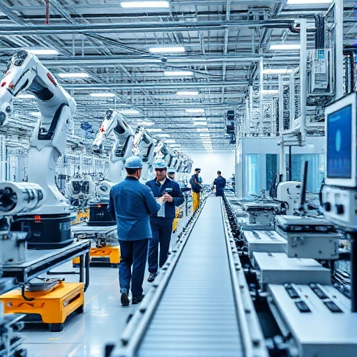 A modern industrial automation scene showing engineers working with robotic arms, conveyor belts, and digital control panels in a high-tech factory environment, with subtle Cyrillic-inspired design elements in the background suggesting 'tuvpoliteh' as a conceptual brand or institution, clean lines, professional lighting, no visible text or letters