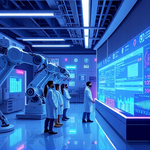 A modern science and technology illustration featuring a sleek futuristic laboratory with glowing holographic displays, robotic arms conducting experiments, and a diverse group of scientists in lab coats observing data streams, all rendered in clean, high-detail smallHQ style with soft neon lighting and minimalistic design