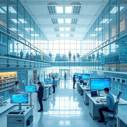 A modern university campus with futuristic technology labs, students working with robotics and AI interfaces, holographic displays showing engineering designs, clean minimalist architecture with glass and steel, bright daylight, innovative atmosphere