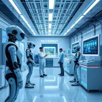 A modern technological development scene showing advanced robotics, AI interfaces, and sustainable energy systems in a sleek, futuristic laboratory environment with clean lines, glowing blue accents, and scientists collaborating with autonomous machines