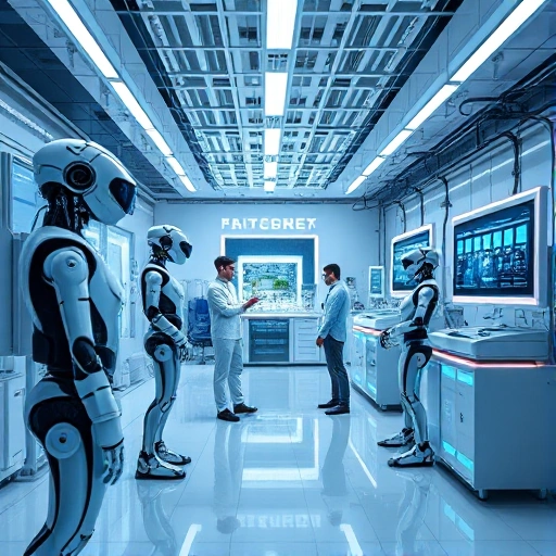 A modern technological development scene showing advanced robotics, AI interfaces, and sustainable energy systems in a sleek, futuristic laboratory environment with clean lines, glowing blue accents, and scientists collaborating with autonomous machines