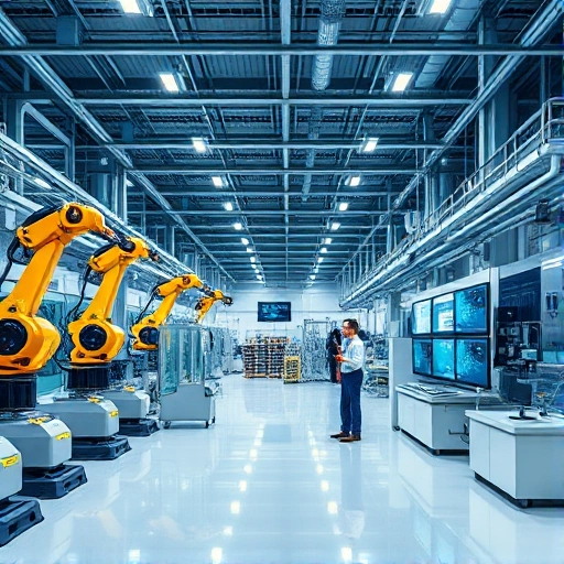 A modern industrial facility with advanced digital technologies integrated into manufacturing processes, featuring robotic arms, automated assembly lines, digital control panels, data visualization screens showing real-time production metrics, and engineers monitoring systems in a clean, high-tech environment, all rendered in a crisp, detailed smallHQ style
