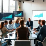 A modern corporate office interior with a diverse team of professionals collaborating around a glass table, digital screens displaying growth charts and company logos, subtle Russian architectural elements in the background, warm natural lighting, minimalist design, professional atmosphere, no text or letters visible