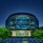A modern university campus building with sleek glass architecture, surrounded by green trees and solar panels, symbolizing innovation and technological advancement at Tuvpoliteh, with subtle digital circuit patterns faintly glowing in the glass facade, representing innovative solutions
