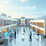 A modern university campus with futuristic technology labs, students working with AI robots, holographic displays showing engineering designs, solar panels on buildings, and a sleek digital sign reading 'tuvpoliteh' in a clean, minimalist font, all rendered in high detail with soft natural lighting and a calm, innovative atmosphere