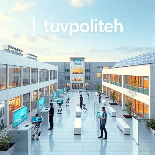 A modern university campus with futuristic technology labs, students working with AI robots, holographic displays showing engineering designs, solar panels on buildings, and a sleek digital sign reading 'tuvpoliteh' in a clean, minimalist font, all rendered in high detail with soft natural lighting and a calm, innovative atmosphere