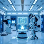A modern technological innovation showcase featuring sleek futuristic devices, holographic displays, and advanced robotics in a clean, high-tech laboratory environment with soft blue and white lighting, emphasizing precision and innovation
