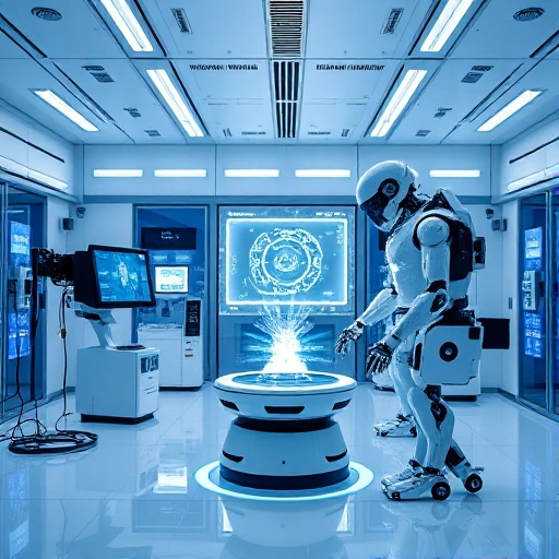 A modern technological innovation showcase featuring sleek futuristic devices, holographic displays, and advanced robotics in a clean, high-tech laboratory environment with soft blue and white lighting, emphasizing precision and innovation