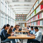 A modern university campus with students studying in a bright library, using laptops and books, representing effective learning methods, clean and professional atmosphere, natural lighting, diverse group of students, no text or signs visible