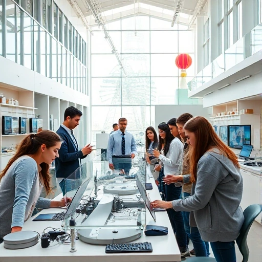 A modern university campus with students collaborating in a high-tech lab, featuring innovative engineering projects, renewable energy prototypes, digital design screens, and diverse young researchers in smart casual attire, bright natural lighting, clean architectural lines, and subtle Uzbek cultural motifs in the background
