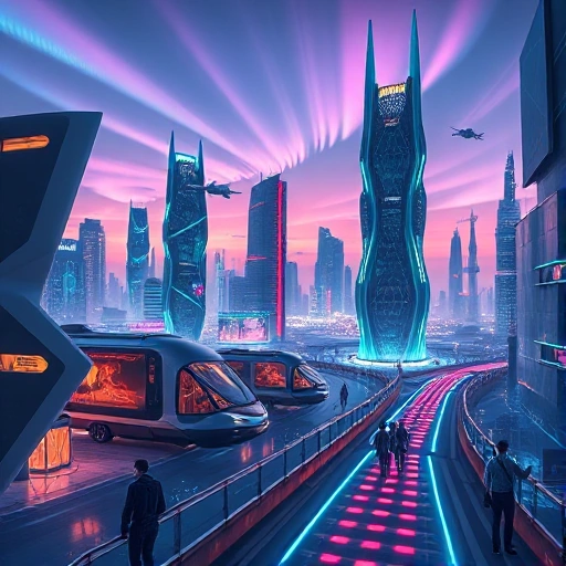 A futuristic cityscape with sleek, high-tech buildings, glowing neon pathways, autonomous vehicles flying between towers, and people in advanced wearable tech interacting with holographic interfaces, all under a twilight sky with aurora-like digital patterns, symbolizing the technologies of the future