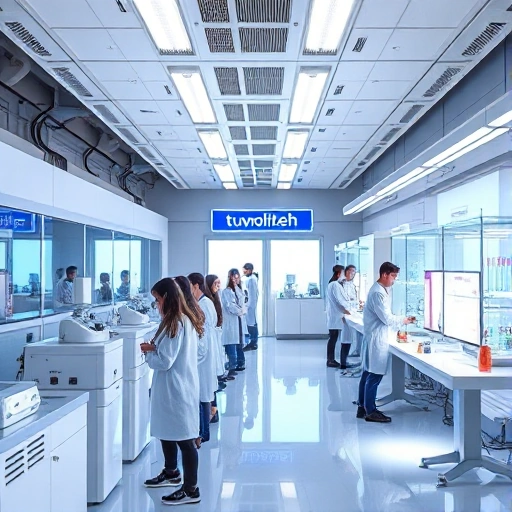 A futuristic university laboratory with students conducting experiments, modern equipment, glowing screens, and a banner reading 'tuvpoliteh' in a clean, minimalist design, soft natural light, high detail, realistic rendering