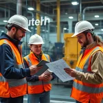 A professional engineering team in a modern industrial setting, reviewing technical schematics on digital tablets, wearing safety gear, with a subtle logo 'tuvpoliteh' integrated into the background as a watermark on a glass wall, high detail, realistic lighting, clean and technical atmosphere