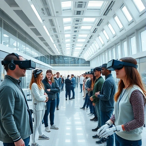 A modern university campus with advanced technology labs, students using VR headsets, robotics, and AI interfaces, sleek futuristic architecture, bright natural lighting, diverse group of young people collaborating, high-tech equipment visible, clean and innovative atmosphere