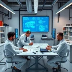 A modern engineering team working on innovative technical solutions in a high-tech laboratory, with blueprints, digital screens showing schematics, and engineers in professional attire collaborating around a central table, conveying precision, innovation, and technical excellence