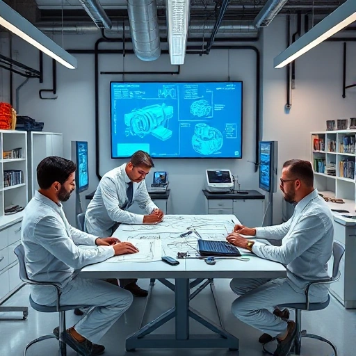 A modern engineering team working on innovative technical solutions in a high-tech laboratory, with blueprints, digital screens showing schematics, and engineers in professional attire collaborating around a central table, conveying precision, innovation, and technical excellence