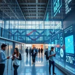 A modern university campus with digital transformation elements: students using tablets and laptops in a high-tech classroom, holographic displays showing data analytics, futuristic architecture with glass and steel, subtle integration of the text 'tuvpoliteh' as part of a digital interface or LED signage, no visible letters or digits in the main scene except as abstract glowing patterns, style: smallHQ