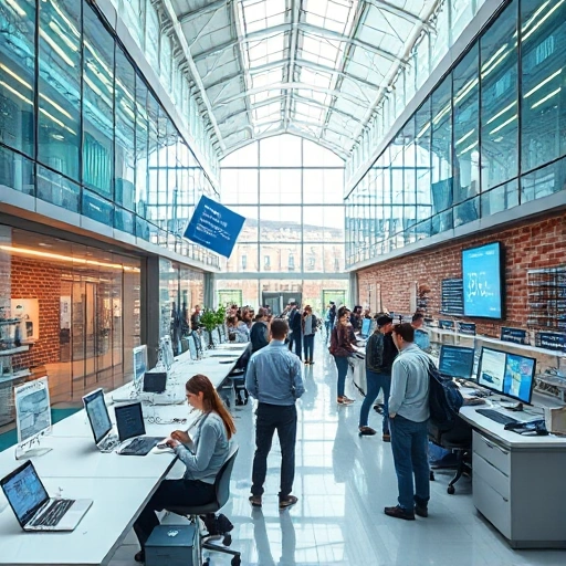 A modern university campus with advanced technology labs, students collaborating on innovative projects, futuristic architecture with glass and steel, digital displays showing growth metrics and research breakthroughs, bright natural light, professional and aspirational atmosphere