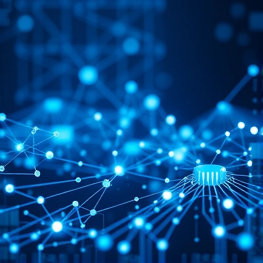 A modern digital transformation concept showing interconnected data streams, glowing network nodes, and abstract circuitry forming a seamless flow between traditional industrial elements and futuristic digital interfaces, symbolizing the evolution of technology in education and innovation, minimalist composition with cool blue and silver tones, high detail, no text or labels