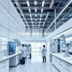 A modern research and development facility with sleek architecture, scientists collaborating in a high-tech lab, digital screens displaying data, and subtle elements of innovation like holographic interfaces and robotic arms, all in a clean, professional environment