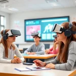 A modern classroom with students using advanced technology such as VR headsets, interactive smartboards, and AI-powered learning devices, symbolizing the influence of tuvpoliteh technologies on education, bright and inspiring atmosphere, high detail, educational setting