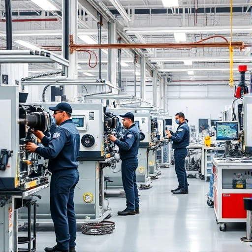 A modern technical service center with engineers in uniforms performing maintenance on industrial machinery, tools and diagnostic equipment visible, clean organized workspace, bright lighting, professional atmosphere