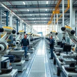 A modern industrial facility with advanced machinery, robotic arms, and engineers in safety gear working on high-tech production lines, symbolizing tuvpoliteh's role in the industrial sector, clean and professional atmosphere, soft natural lighting, detailed textures of metal and technology