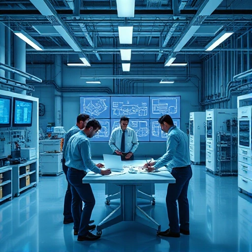 A modern engineering team working on technical solutions in a high-tech laboratory, with blueprints, digital screens showing schematics, and engineers in professional attire collaborating around a central table, conveying innovation and precision