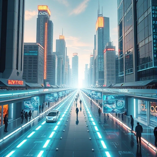 A futuristic cityscape with sleek high-tech buildings, glowing neon pathways, autonomous flying vehicles, and people interacting with holographic interfaces, all in a clean, optimistic vision of future technology