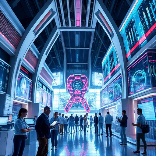 A modern technology hub with sleek futuristic architecture, glowing digital interfaces, holographic displays, and diverse engineers collaborating in a high-tech environment, symbolizing innovation and progress