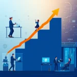 A professional and inspiring illustration of career growth in a modern tech environment, showing a young engineer or student in a university setting (like TUVPoliteh) progressing through stages: studying in a lab, collaborating on a project, receiving a promotion or award, and eventually leading a team in a high-tech office — all connected by upward arrows or a career ladder motif, with subtle university branding and digital elements like code, circuits, and data visuals in the background, clean