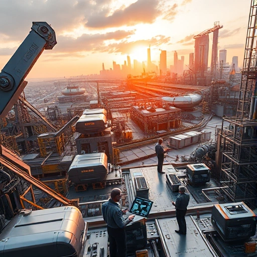 A futuristic industrial landscape showing advanced manufacturing facilities with sleek robotic arms, glowing energy conduits, autonomous drones transporting materials, and engineers in smart uniforms monitoring holographic control panels, all set against a clean, high-tech city skyline at dawn with soft golden light reflecting off metallic surfaces