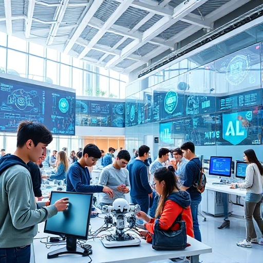 A modern university campus with students collaborating in a high-tech lab, futuristic architecture, digital screens displaying engineering concepts, diverse group of young people working on robotics and AI projects, bright natural light, clean and inspiring atmosphere