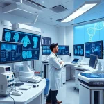A modern medical laboratory with advanced diagnostic equipment, doctors in white coats analyzing digital medical scans on screens, futuristic medical devices, and subtle symbols of innovation like glowing neural networks or DNA strands in the background, all in a clean, high-tech environment